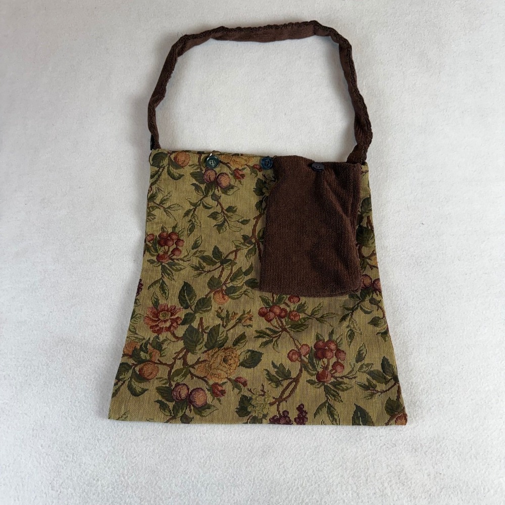 Handmade Floral Tapestry Shoulder Bag with Terry Cloth Strap and Pouch Tan Brown